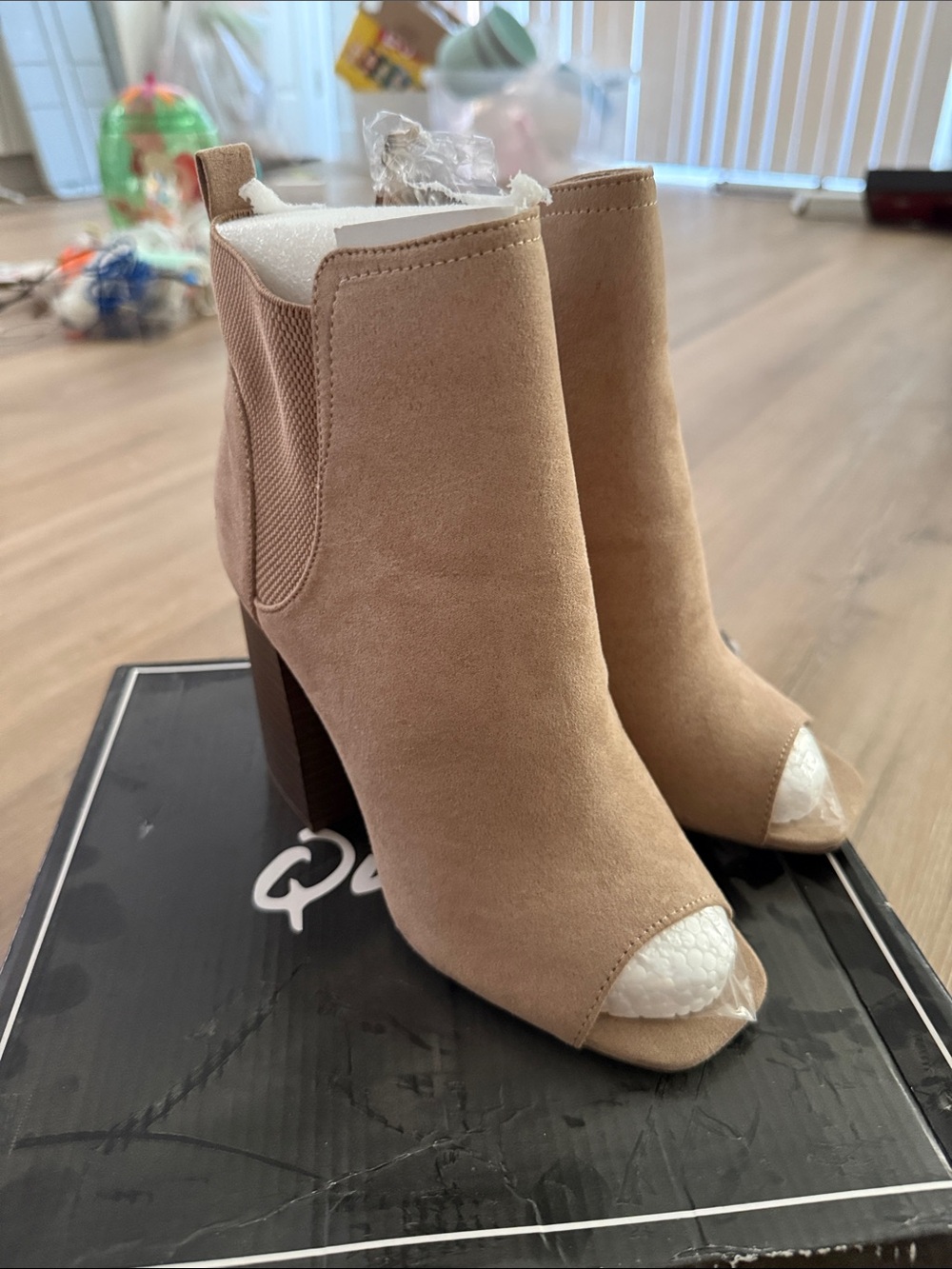 Qupid Taupe Suede Peep-Toe Block Heel Ankle Boots